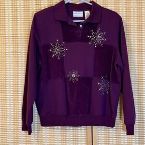 Alfred Dunner Womens PM Sweater Plum Shoulder Pads Rhinestones Grannycore Fairy